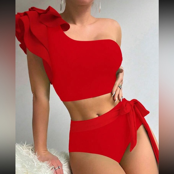 Black Swimsuit Swear wear Ruffle Trim One Shoulder Top High Waist Bottom - Picture 6 of 15